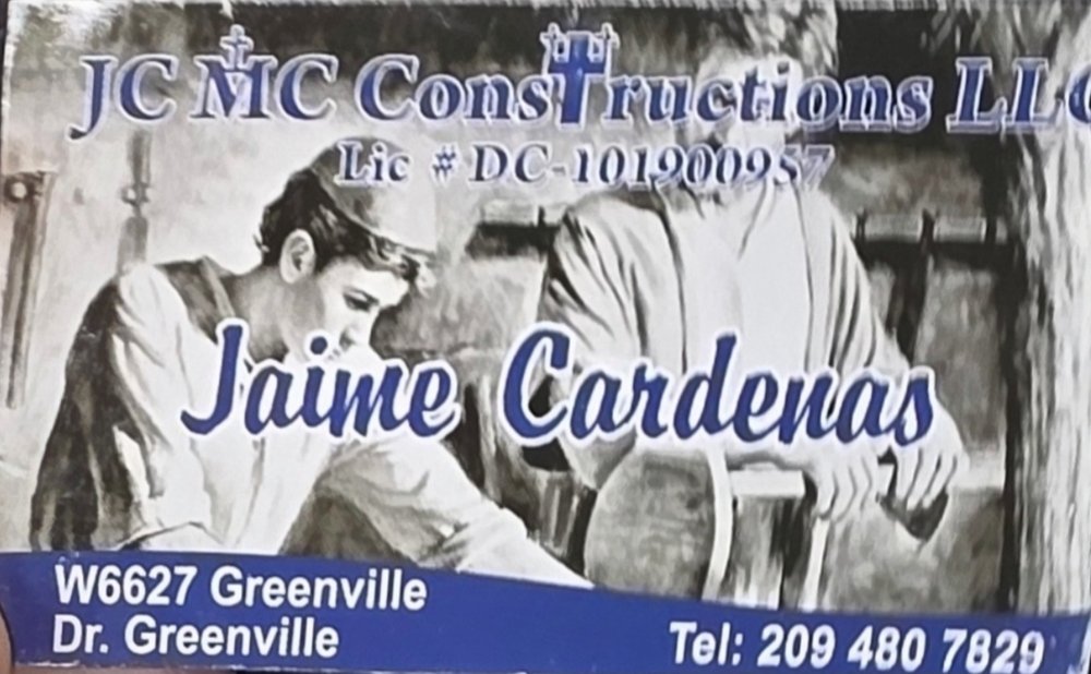 Jaime Cardenas's JCMC Constructions LLC business card, with Saint Joseph and the young Jesus in the carpenter shop