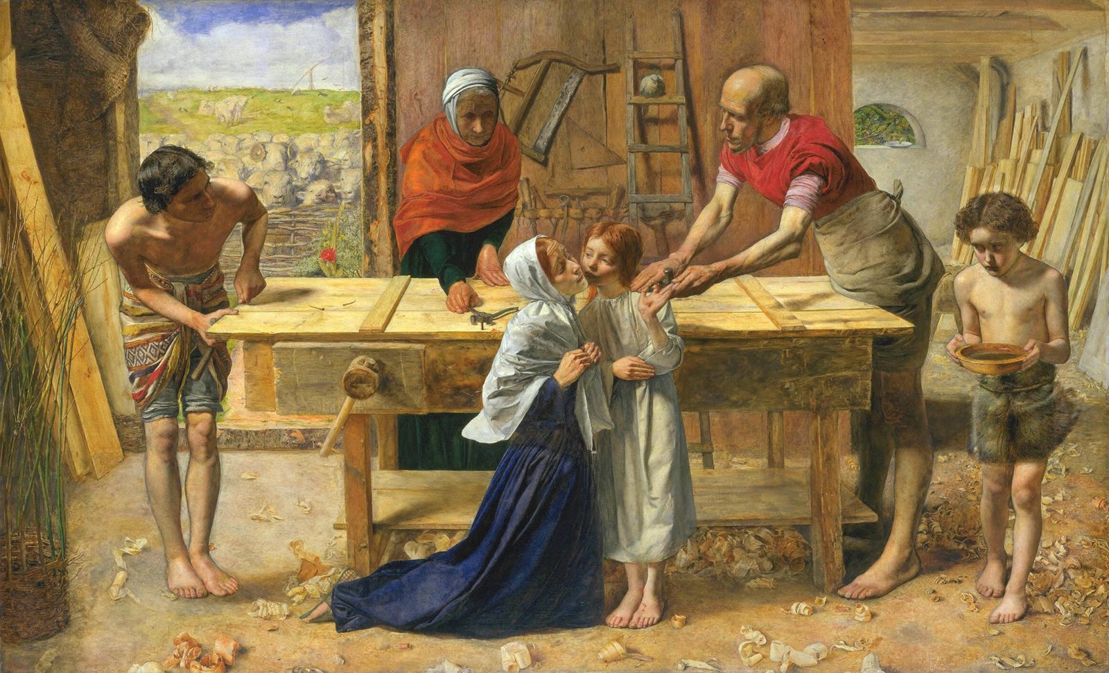 Christ in the House of His Parents by John Everett Millais: the young Jesus in Saint Joseph's carpenter shop, beside the workbench
